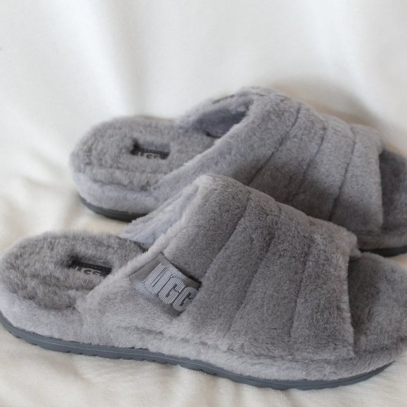 NIB UGG MEN'S FLUFF SHEARLING SLIDE SLIPPERS GRAY - Picture 3 of 7